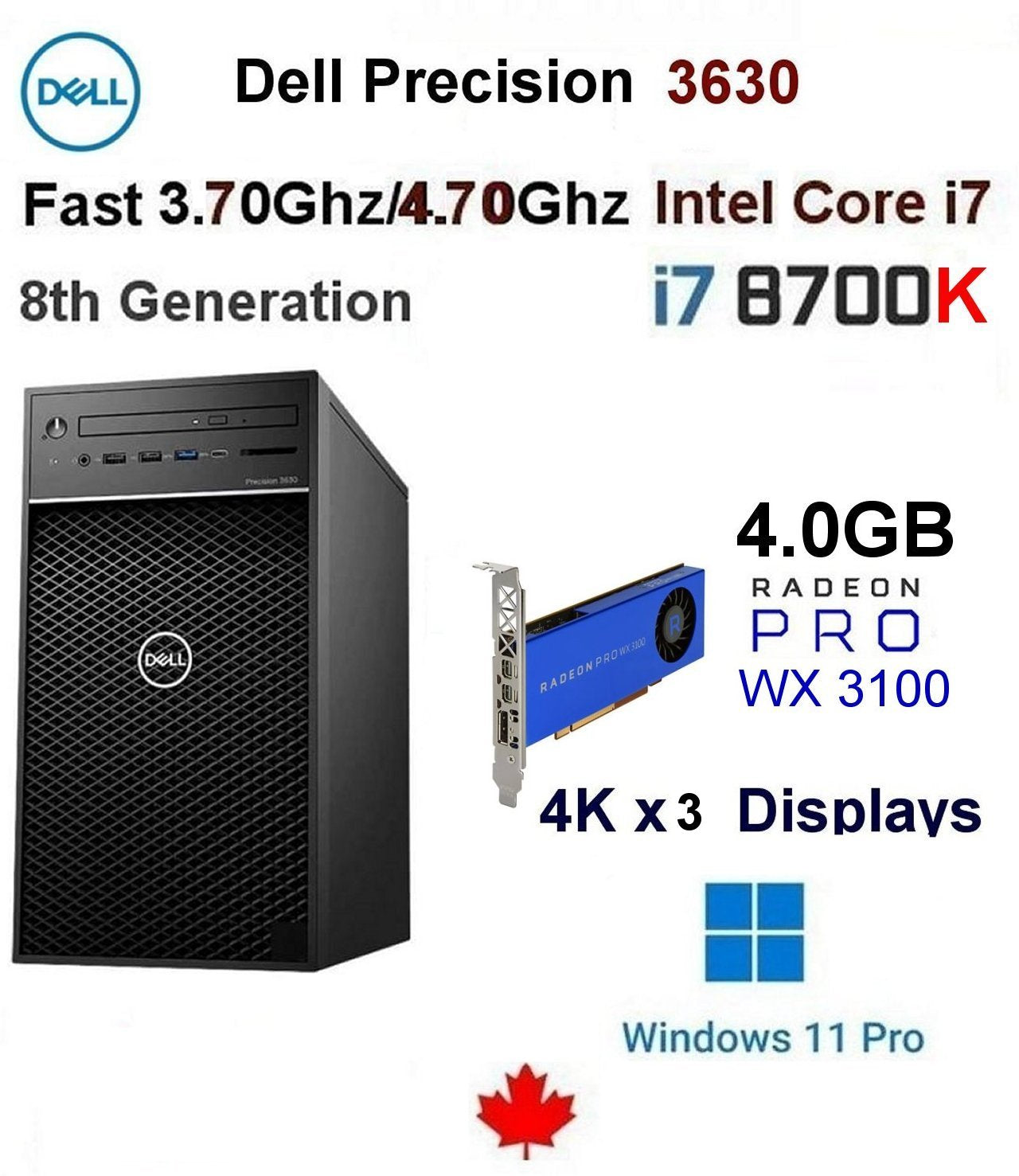 Fast 3.70Ghz-4.70Ghz Intel-i7-8700K Dell Precision 3630 PC 32GB  1.0TB SSD, 4.0GB Radeon Pro WX 3100 Blue Edition W11