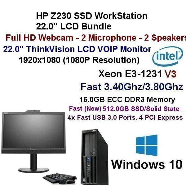 HP Z230 Workstation Pro SFF 3.40Ghz-3.80Ghz Intel Xeon E3 V3 Processor 16GB Ram 500GB SSD Refurbished Windows 10 Pro with 22" LCD Monitor Bundle