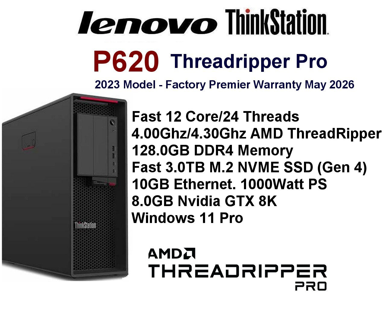 Lenovo ThinkStation P620 ThreadRipper Workstation PC 4.00Ghz-4.30Ghz 128GB Ram 3.0TB SSD 8.0GB Nvidia GTX Windows 11 Pro