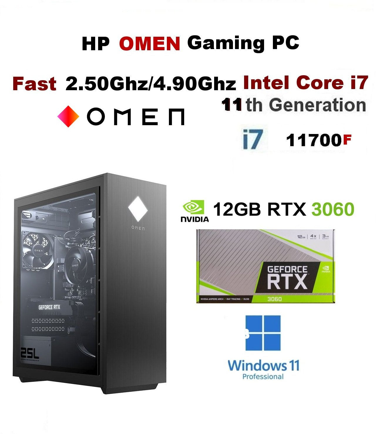 Fast 8 Core 2.50Ghz-4.90Ghz Intel-i7-11700 HP Omen Gaming PC 32GB Ram, 1.0TB SSD, 12.0GB Nvidia Geforce RTX-3060 Gaming Edition Windows 11 Pro